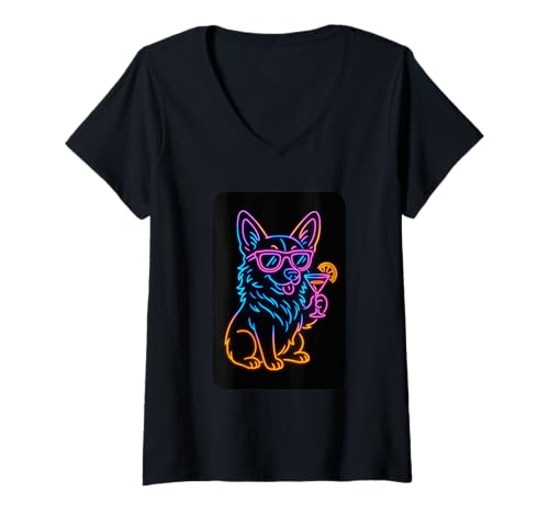 Damen Lustiger Corgi Trinkcocktail T-Shirt mit V-Ausschnitt Damen Lustiger Corgi Trinkcocktail T-Shirt mit V-Ausschnitt von Cool Corgi Club