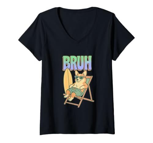 Damen Bruh Corgi Surfing Lustiger Hund T-Shirt mit V-Ausschnitt Damen Bruh Corgi Surfing Lustiger Hund T-Shirt mit V-Ausschnitt von Cool Corgi Surfing