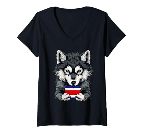 Damen Süßer Wolf mit costaricanischer Flagge, Wurzeln aus Costa Rica, Costa Rica T-Shirt mit V-Ausschnitt von Cool Costa Rican Roots Costa Rica