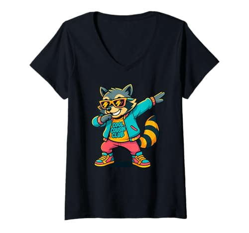 Damen Cool Cousin Club Retro Waschbär Tupfen Fun Vibes T-Shirt mit V-Ausschnitt von Cool Cousin Club Graphic Raccoon Vibe Squad