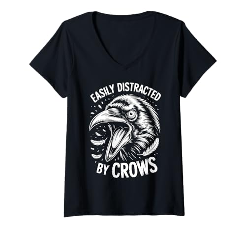 Damen Leicht abgelenkt durch Krähe lustige Krähe T-Shirt mit V-Ausschnitt von Cool Crow Fun Crows Design