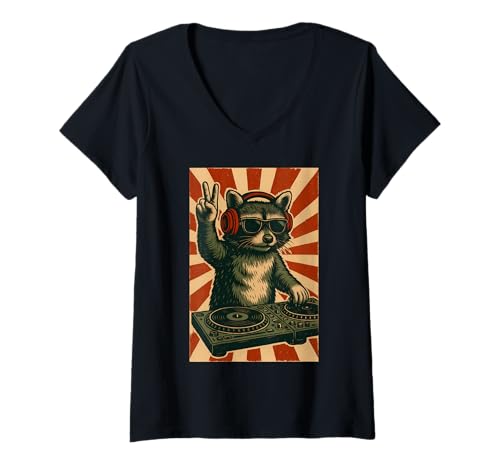 Damen Lustiger DJ Waschbär Disco Sound Tech Kopfhörer Musik Vintage T-Shirt mit V-Ausschnitt von Cool DJ Raccoon with Sunglasses Retro Music Lover
