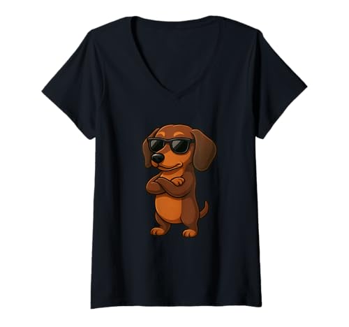 Damen Coole Dackel Cartoon Funny Sausage Dog T-Shirt mit V-Ausschnitt Damen Coole Dackel Cartoon Funny Sausage Dog T-Shirt mit V-Ausschnitt von Cool Dachshund Cartoon Funny Dog with Attitude
