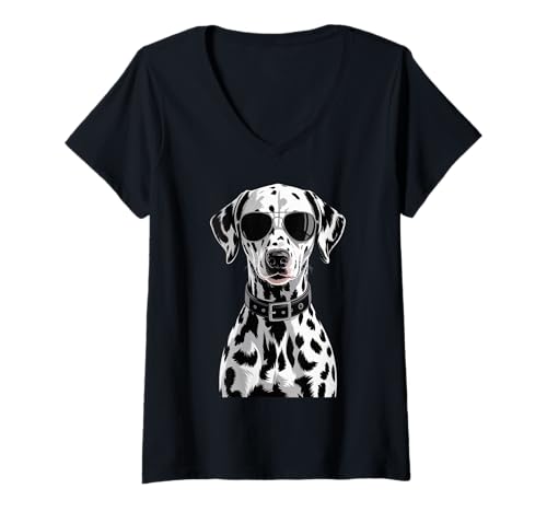 Damen Cooler Dalmatiner-Hund mit Sonnenbrille, lustige Haustierkunst T-Shirt mit V-Ausschnitt von Cool Dalmatian Dog Lover Outfit with Sunglass