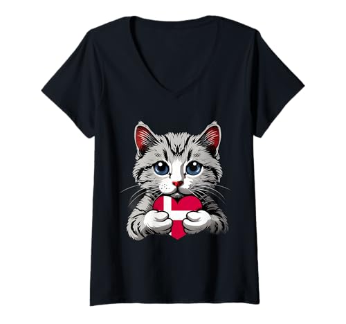 Damen Dänemark Danish Roots Danish Flag Cat Heart Danish Pride T-Shirt mit V-Ausschnitt Damen Dänemark Danish Roots Danish Flag Cat Heart Danish Pride T-Shirt mit V-Ausschnitt von Cool Danish Roots Denmark