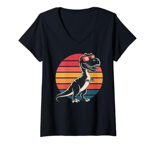 Damen Retro Cool Dinosaur T Rex Sonnenbrille 80er Cartoon Humor T-Shirt mit V-Ausschnitt Damen Retro Cool Dinosaur T Rex Sonnenbrille 80er Cartoon Humor T-Shirt mit V-Ausschnitt von Cool Dinosaur Red Sunglasses Retro Sunset Stripes