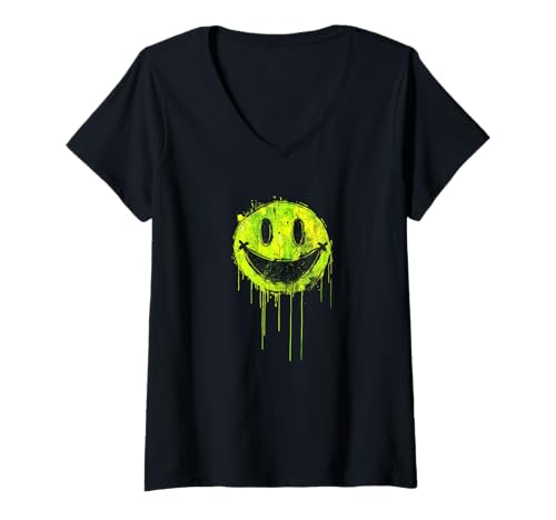 Damen Lustiger grün-gelber Smiley-Spritzer T-Shirt mit V-Ausschnitt Damen Lustiger grün-gelber Smiley-Spritzer T-Shirt mit V-Ausschnitt von Cool Distressed Dripping Smile Face Apparel
