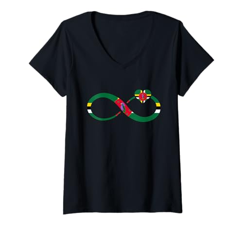 Damen Dominica-Flagge Infinity Heartheart EKG Pulse Dominican Pride T-Shirt mit V-Ausschnitt von Cool Dominican Roots Dominica