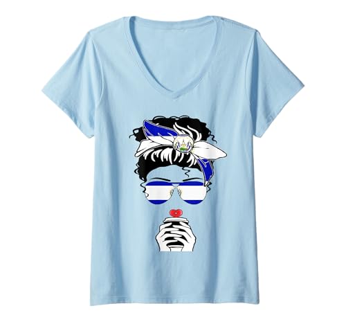 Damen Coole salvadorianische Kaffeetasse Mama Girl Tante EL Salvador Flagge Druck T-Shirt mit V-Ausschnitt von Cool El Salvador Independence Day Proud Salvadoran
