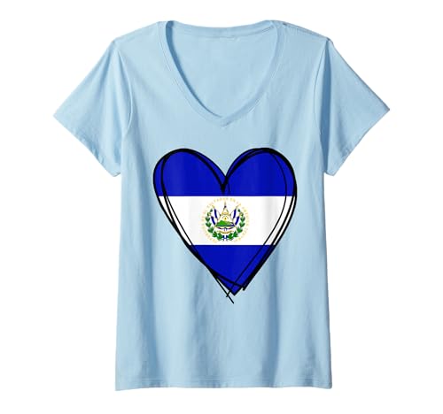Damen Stolzer Salvadorianischer Junge Mädchen Mama Hello EL Salvador Flagge Herz T-Shirt mit V-Ausschnitt von Cool El Salvador Independence Day Proud Salvadoran