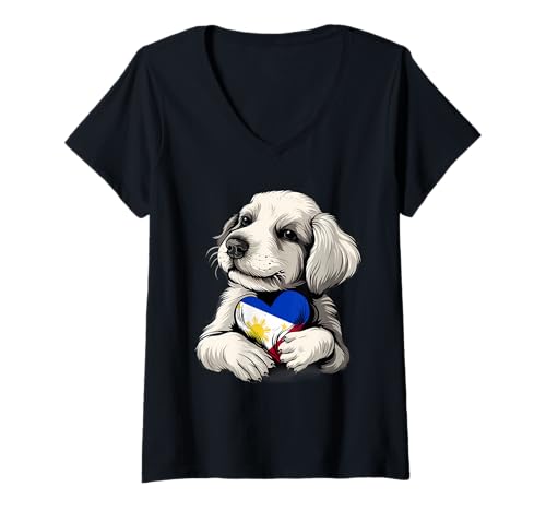 Damen Philippinen Flagge Hund Herz Filipino Wurzeln Filipino Pride T-Shirt mit V-Ausschnitt Damen Philippinen Flagge Hund Herz Filipino Wurzeln Filipino Pride T-Shirt mit V-Ausschnitt von Cool Filipino Roots Philippines