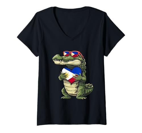 Damen Philippinen Krokodil Herz Filipino Flagge Pilipinas Pride T-Shirt mit V-Ausschnitt Damen Philippinen Krokodil Herz Filipino Flagge Pilipinas Pride T-Shirt mit V-Ausschnitt von Cool Filipino Roots Philippines