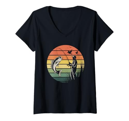 Damen Retro Vintage Sunset Fishing Lover Fisher Design für Väter Männer T-Shirt mit V-Ausschnitt Damen Retro Vintage Sunset Fishing Lover Fisher Design für Väter Männer T-Shirt mit V-Ausschnitt von Cool Fisherman Graphic Retirement Gift for Grandpa