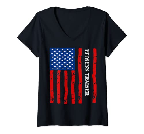 Damen Cooles Fitness-Trainer Zubehör Things Stuff USA Flag T-Shirt mit V-Ausschnitt von Cool Fitness-trainer Accessories and Graphic Co.