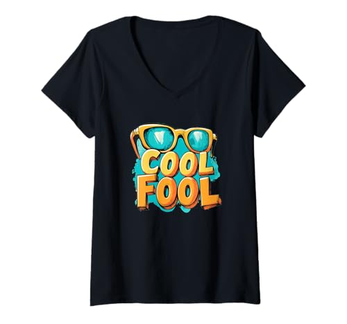Damen Cooles Narr mit Sonnenbrille Kostüm T-Shirt mit V-Ausschnitt Damen Cooles Narr mit Sonnenbrille Kostüm T-Shirt mit V-Ausschnitt von Cool Fool Outfit