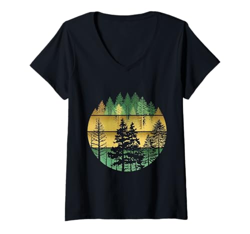 Damen Vintage Wildlife Bäume Outdoor Natur Retro Wald Bekleidung T-Shirt mit V-Ausschnitt Damen Vintage Wildlife Bäume Outdoor Natur Retro Wald Bekleidung T-Shirt mit V-Ausschnitt von Cool Forest Mountains Adventure Women Men Design