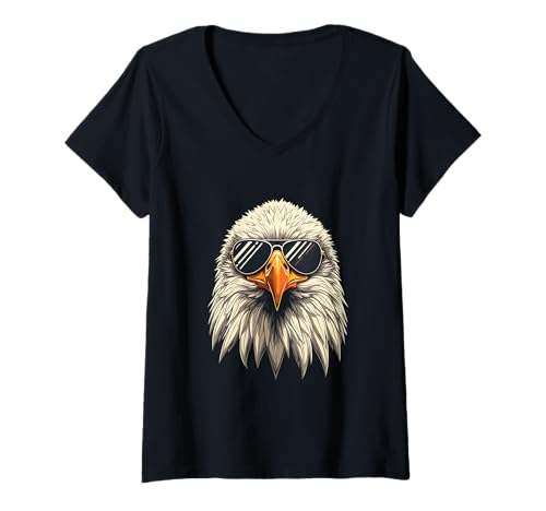 Damen Cooler Weißkopfseeadler mit Sonnenbrille Damen Herren Kinder T-Shirt mit V-Ausschnitt von Cool Freedom Bald Eagle Design