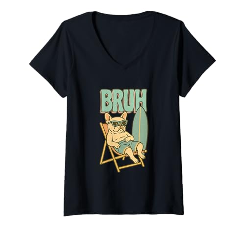 Damen Bruh Französische Bulldogge Surfen Frenchie T-Shirt mit V-Ausschnitt von Cool Frenchie Surfing French Bulldog Gifts