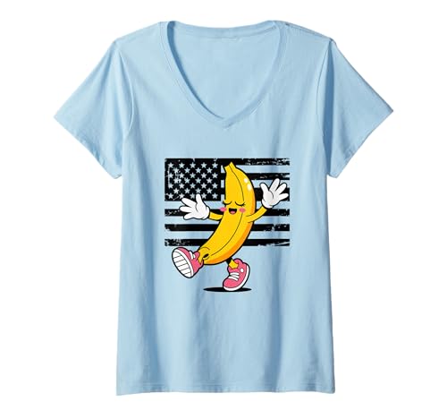 Damen Lustiger Tanzender Bananenspruch Humorvoller Cartoon-Stil USA T-Shirt mit V-Ausschnitt Damen Lustiger Tanzender Bananenspruch Humorvoller Cartoon-Stil USA T-Shirt mit V-Ausschnitt von Cool Fruit Character Retro Dance Comedy Flag