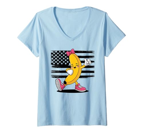 Damen Lustiger Tanzender Bananenspruch Humorvoller Cartoon-Stil USA T-Shirt mit V-Ausschnitt von Cool Fruit Character Retro Dance Comedy Flag