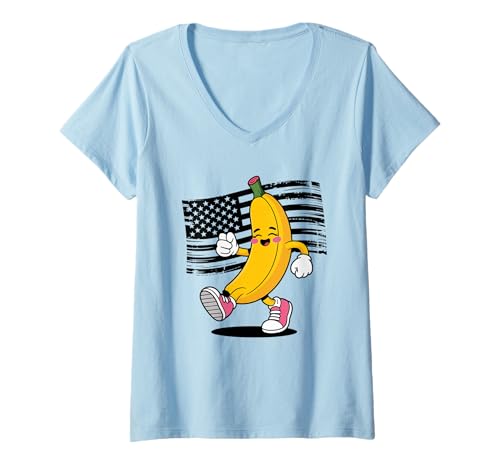 Damen Lustiger Tanzender Bananenspruch Humorvoller Cartoon-Stil USA T-Shirt mit V-Ausschnitt Damen Lustiger Tanzender Bananenspruch Humorvoller Cartoon-Stil USA T-Shirt mit V-Ausschnitt von Cool Fruit Character Retro Dance Comedy Flag