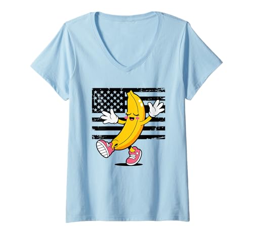 Damen Lustiger Tanzender Bananenspruch Humorvoller Cartoon-Stil USA T-Shirt mit V-Ausschnitt von Cool Fruit Character Retro Dance Comedy Flag