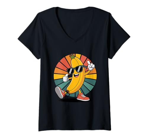 Damen Retro-Bananen-Figuren-Design mit Sonnenbrille T-Shirt mit V-Ausschnitt Damen Retro-Bananen-Figuren-Design mit Sonnenbrille T-Shirt mit V-Ausschnitt von Cool Fruit Designs retro