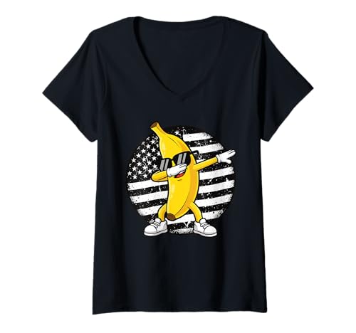 Damen Dabbing Banana Retro Amerikanische Flagge Bananenliebhaber Kinder Jungen T-Shirt mit V-Ausschnitt Damen Dabbing Banana Retro Amerikanische Flagge Bananenliebhaber Kinder Jungen T-Shirt mit V-Ausschnitt von Cool Funny Banana Squad Cartoon Fruit T-Shirt