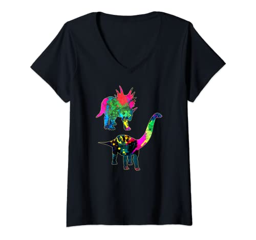 Damen Abstrakte bunte Dinosaurier-Silhouetten T-Shirt mit V-Ausschnitt von Cool Funny Dinosaurs