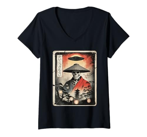 Damen Samurai Skelett UFO Alien Japan Japanisch Vintage Ukiyo-e T-Shirt mit V-Ausschnitt von Cool Funny Samurai Fantasy Gifts