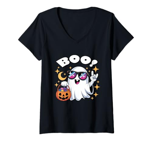 Damen Rock Ghost Retro Halloween Kürbis Cool Lustig Ghost Boo T-Shirt mit V-Ausschnitt Damen Rock Ghost Retro Halloween Kürbis Cool Lustig Ghost Boo T-Shirt mit V-Ausschnitt von Cool Ghost Boo Halloween Kids Girls