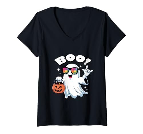 Damen Rock Ghost Retro Halloween Kürbis Ghost Boo Halloween Kinder T-Shirt mit V-Ausschnitt von Cool Ghost Boo Halloween Kids Girls