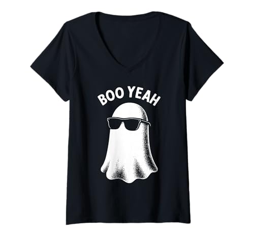 Damen Boo Yeah Spukgeist Sonnenbrille Lustig Halloween T-Shirt mit V-Ausschnitt Damen Boo Yeah Spukgeist Sonnenbrille Lustig Halloween T-Shirt mit V-Ausschnitt von Cool Ghost Ghost Low Cost Costume Vintage