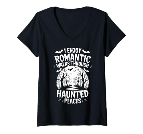 Damen Ich genieße romantische Spaziergänge durch verwunschene Orte, Geisterjagd T-Shirt mit V-Ausschnitt Damen Ich genieße romantische Spaziergänge durch verwunschene Orte, Geisterjagd T-Shirt mit V-Ausschnitt von Cool Ghost Hunter Paranormal Researcher