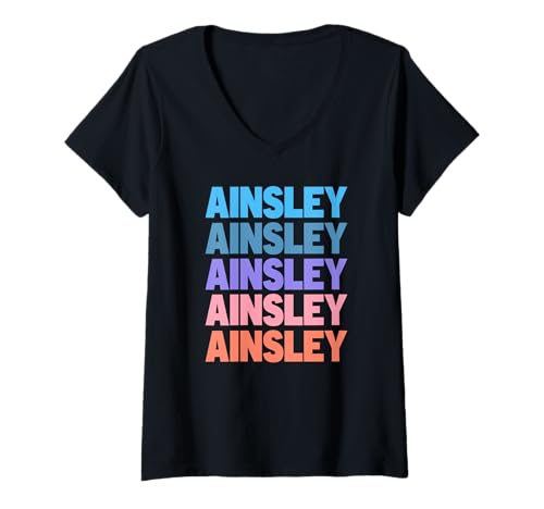 Damen Funny Modern Repeated Text Design First Name Ainsley T-Shirt mit V-Ausschnitt von Cool Gift Ideas Given Name Ainsley