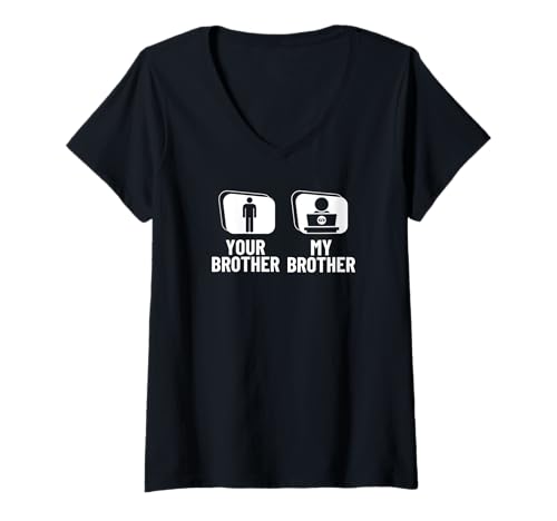 Damen Coder Your Brother My Brother Lustiger Softwareentwickler T-Shirt mit V-Ausschnitt von Cool Gifts For Tech Nerds And Coder Gifts