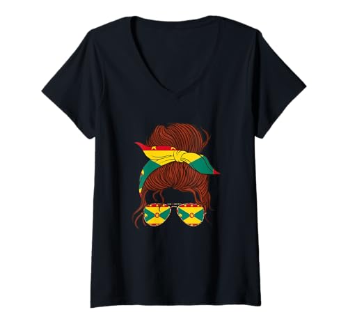 Damen Grenadian Pride Damen-Sonnenbrille mit unordentlichem Haarknoten, Flagge von Grenada T-Shirt mit V-Ausschnitt von Cool Grenadian Roots Grenada