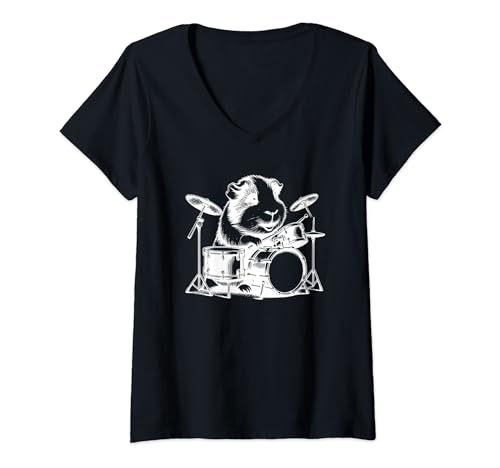 Damen Meerschweinchen-Schlagzeuger, weißes Nager-Musikband-Design T-Shirt mit V-Ausschnitt von Cool Guinea pig rodent Animal Drummer Drums Band