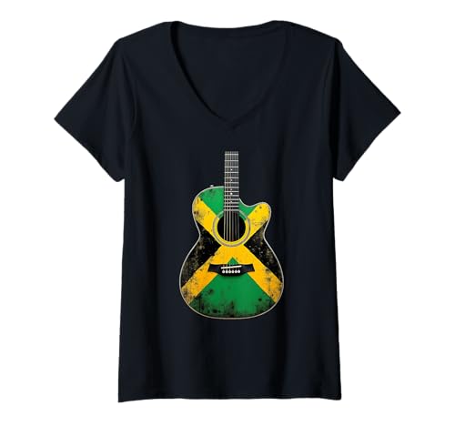 Damen Jamaika-Flagge, Akustikgitarre, Retro, jamaikanische Flagge T-Shirt mit V-Ausschnitt von Cool Guitar Caribbean Designs