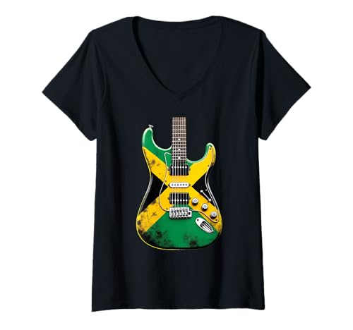 Damen Jamaika-Flagge, E-Gitarre, Retro, Jamaika-Flagge T-Shirt mit V-Ausschnitt von Cool Guitar Caribbean Designs