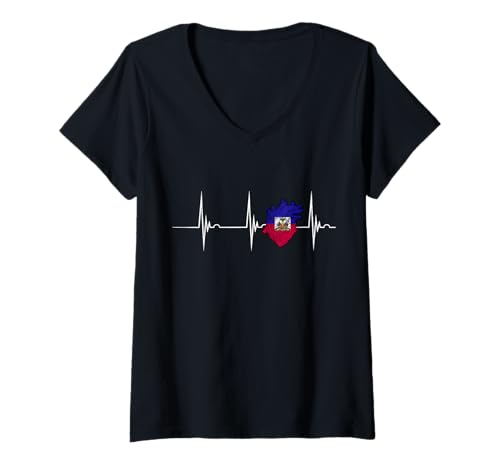 Damen Haiti Flagge Herz Herzschlag EKG Pulse Haitianische Wurzeln T-Shirt mit V-Ausschnitt Damen Haiti Flagge Herz Herzschlag EKG Pulse Haitianische Wurzeln T-Shirt mit V-Ausschnitt von Cool Haitian Roots Haiti