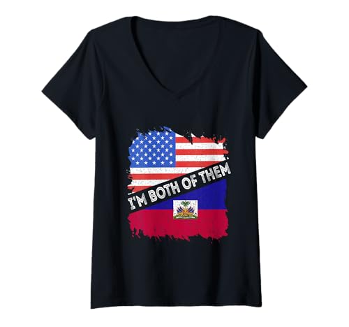 Damen Haiti Flagge I'm Both of Them USA America Haitian Roots T-Shirt mit V-Ausschnitt Damen Haiti Flagge I'm Both of Them USA America Haitian Roots T-Shirt mit V-Ausschnitt von Cool Haitian Roots Haiti