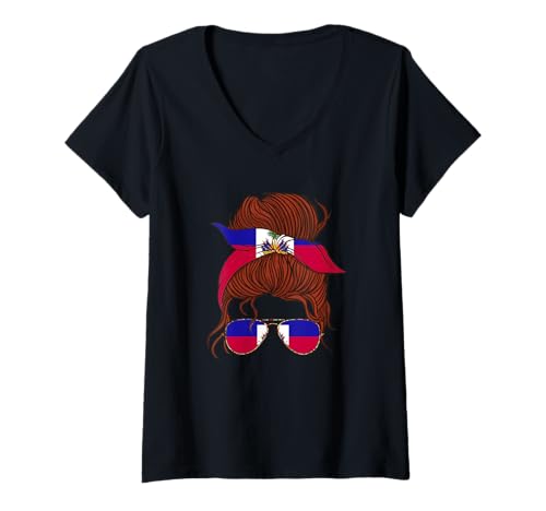 Damen Haitian Roots Woman Unordentlicher Haarbrötchen mit haitianischer Flagge von Haiti T-Shirt mit V-Ausschnitt Damen Haitian Roots Woman Unordentlicher Haarbrötchen mit haitianischer Flagge von Haiti T-Shirt mit V-Ausschnitt von Cool Haitian Roots Haiti