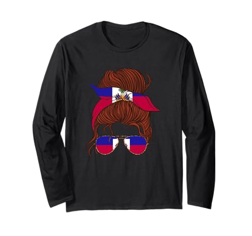 Haitian Roots Woman Unordentlicher Haarbrötchen mit haitianischer Flagge von Haiti Langarmshirt Haitian Roots Woman Unordentlicher Haarbrötchen mit haitianischer Flagge von Haiti Langarmshirt von Cool Haitian Roots Haiti
