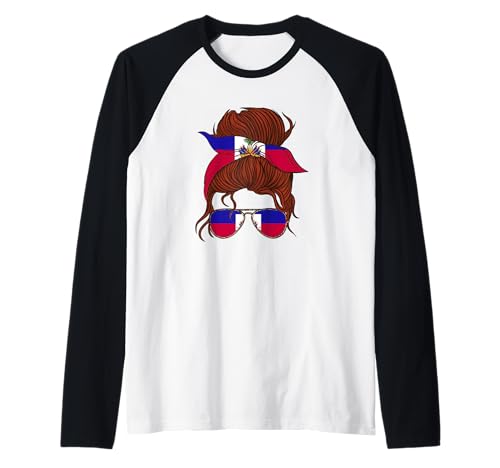 Haitian Roots Woman Unordentlicher Haarbrötchen mit haitianischer Flagge von Haiti Raglan von Cool Haitian Roots Haiti