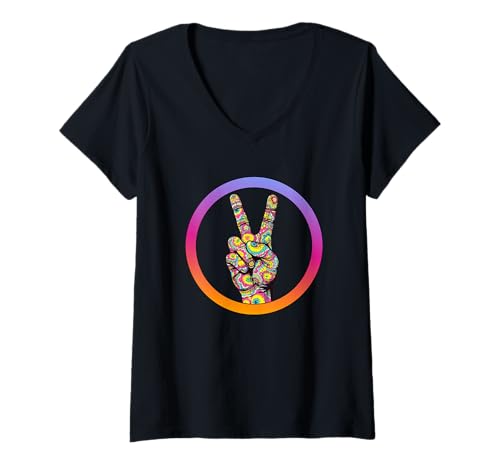 Damen Psychedelisches Friedenszeichen Hand Tie Dye Hippie Festival Fun T-Shirt mit V-Ausschnitt Damen Psychedelisches Friedenszeichen Hand Tie Dye Hippie Festival Fun T-Shirt mit V-Ausschnitt von Cool Hippie Tie Dye Peace Retro Vibes CLR