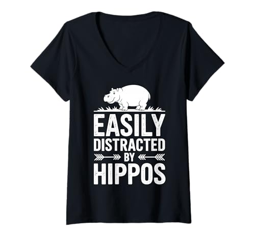 Damen Distracted by Hippos Lustiges Nilpferd T-Shirt mit V-Ausschnitt Damen Distracted by Hippos Lustiges Nilpferd T-Shirt mit V-Ausschnitt von Cool Hippopotamus Funny Hippo Designs