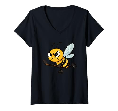 Damen Angry Bee spielt Eishockey Cartoon Design T-Shirt mit V-Ausschnitt von Cool Hockey Bee Sports Team Cartoon