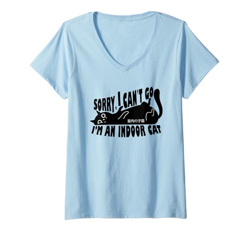 Damen Funny Japanese Kitten Sorry I Can’t Go I’m an Indoor Cat T-Shirt mit V-Ausschnitt Damen Funny Japanese Kitten Sorry I Can’t Go I’m an Indoor Cat T-Shirt mit V-Ausschnitt von Cool Japanese Text Humor On Black Cat Graphic