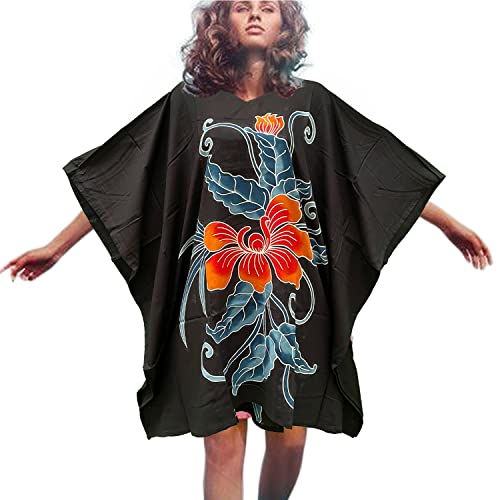 Cool Kaftans Poncho, Orchidee, Blumen-T-Shirt, Bluse, fließendes Oberteil, kurze Blume, Damen, handgefertigt, Luxus, Übergröße, Schwarz, Schwarz von Cool Kaftans